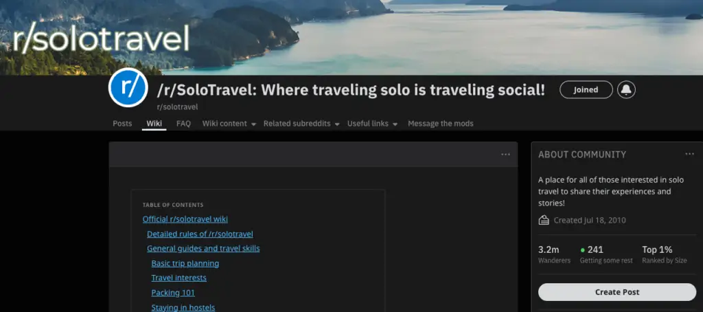 Screenshot of sub-reddit solo travaler
