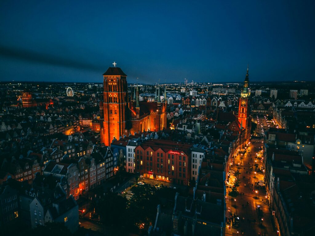 Aerial view of Gdansk at night