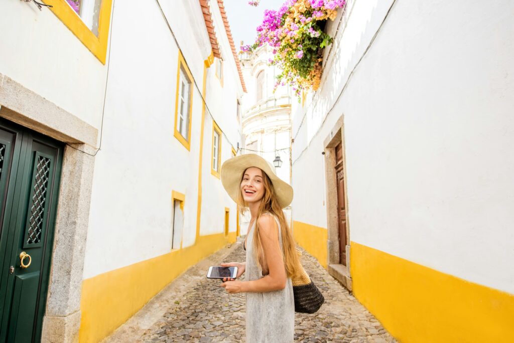 Woman traveling in Evora, Portugal
